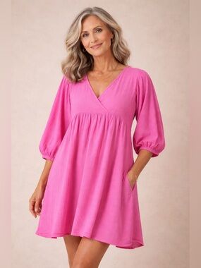 Gudrun Sjoden Hilda Dress Pink Organic Cotton Babydoll Neckline Coquette Medium